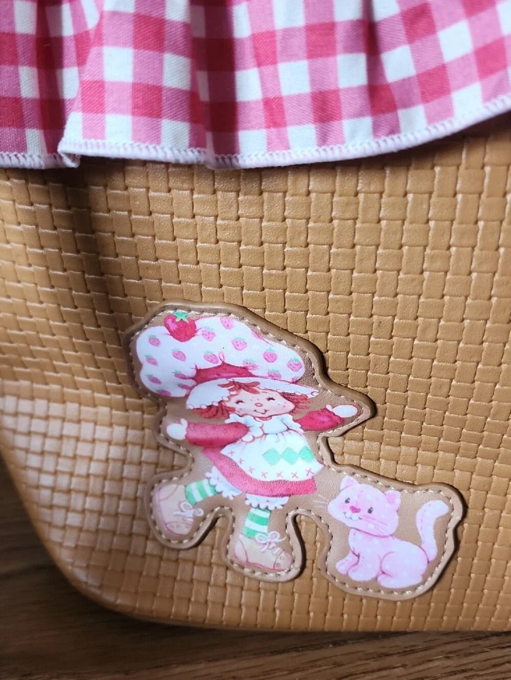 Strawberry Shortcake & Custard Cat Gingham Basket Crossbody Bag